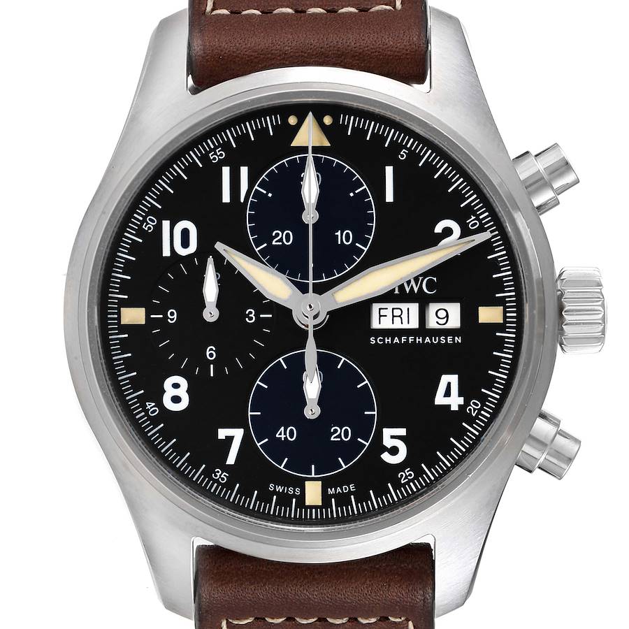 IWC Spitfire Pilot Steel Black Dial Chronograph Mens Watch IW387903