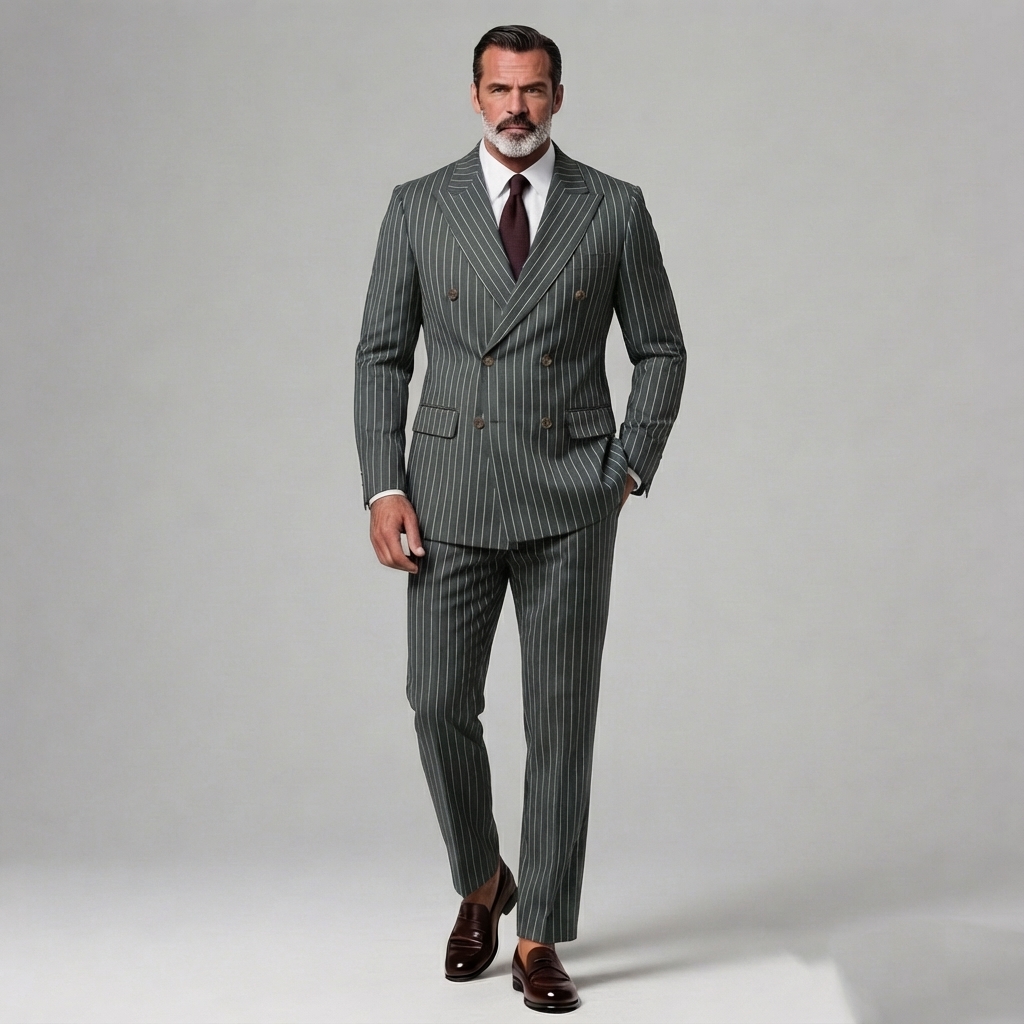 Men's Business Striped Peak Lapel Double Breasted Long Sleeve Blazer & Pants 2Pcs Set