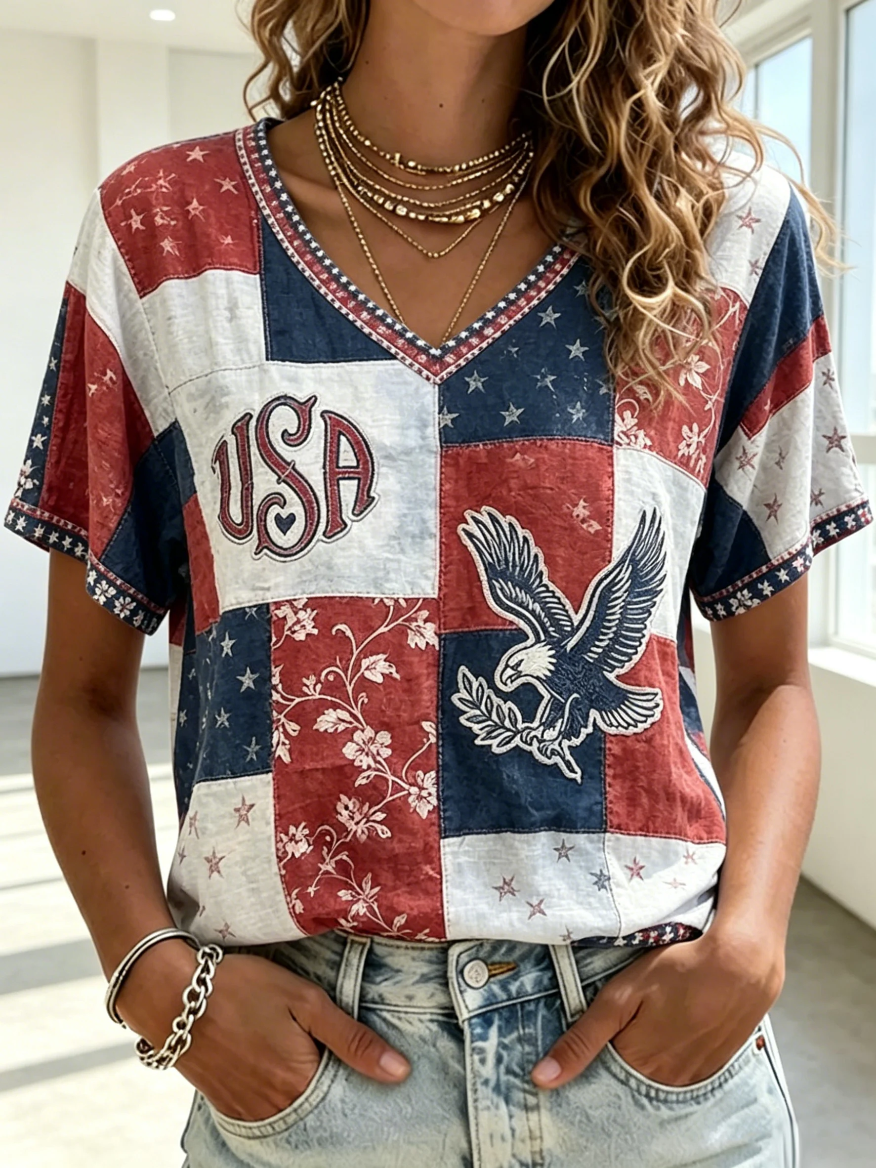 Women's 250th Anniversary Freedom Flower Art Print V Neck T-shirt
