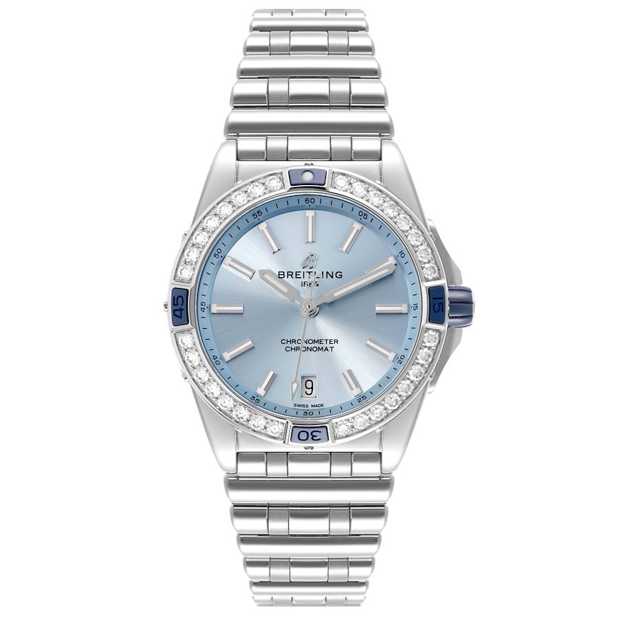 Breitling Super Chronomat Blue Dial Steel Diamond Ladies Watch A17356