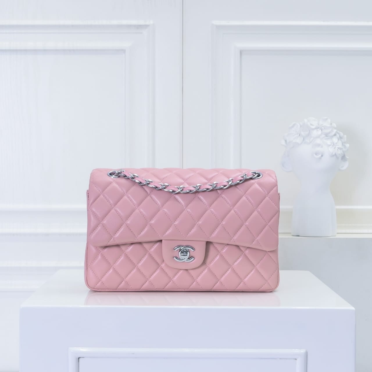 Chanel Classic Double Flap Bag Silver Hardware Light Pink 25Cm