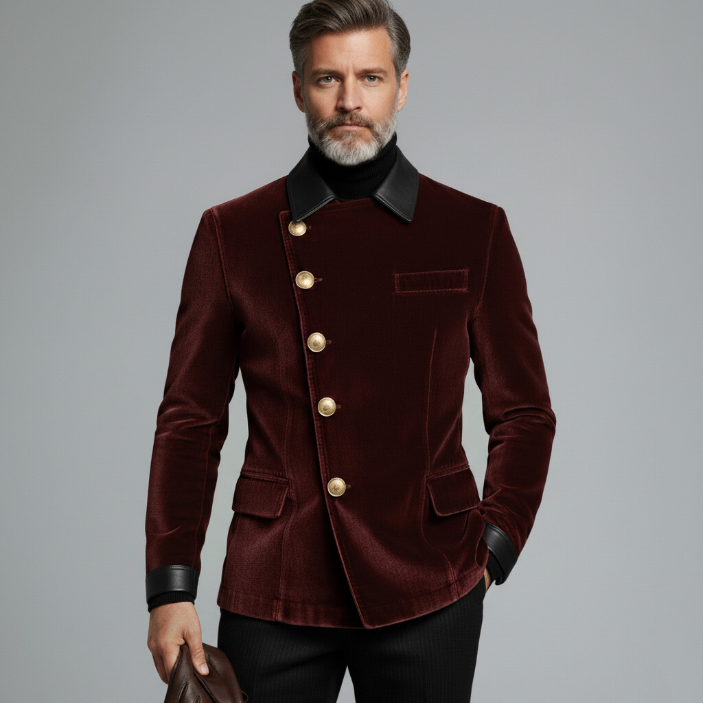 Men's Burgundy Velvet PU Shirt Collar Long Slereve Asymmetrical Button Jackets