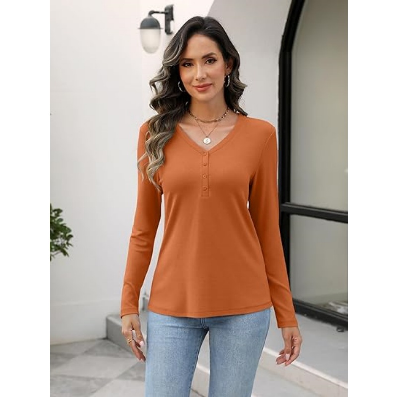 Women's Long Sleeve V‑Neck Henley Tops