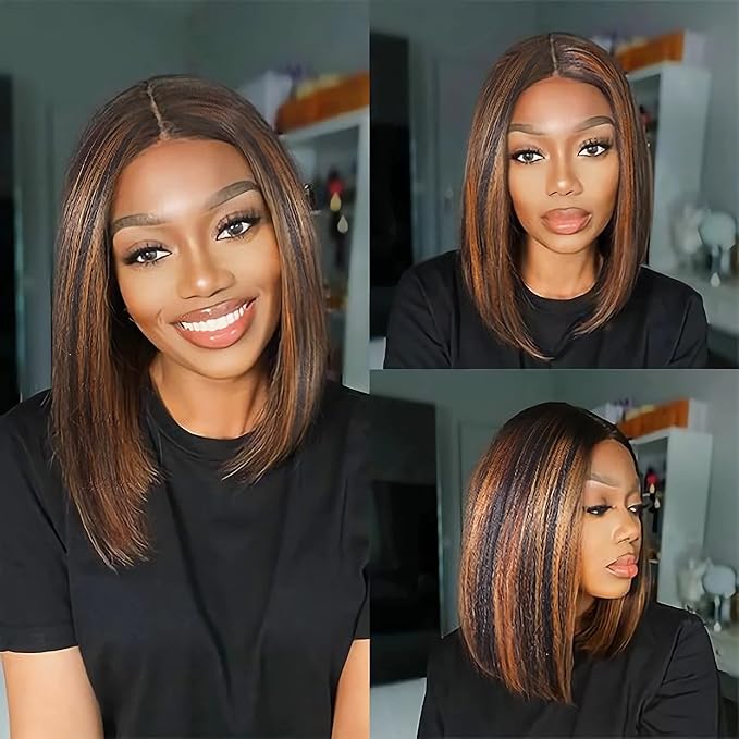 Megalook Bogo Free 6 Inches Deep Part Wigs 1BP30 Highight Straight Bob 100% Human Hair Wig