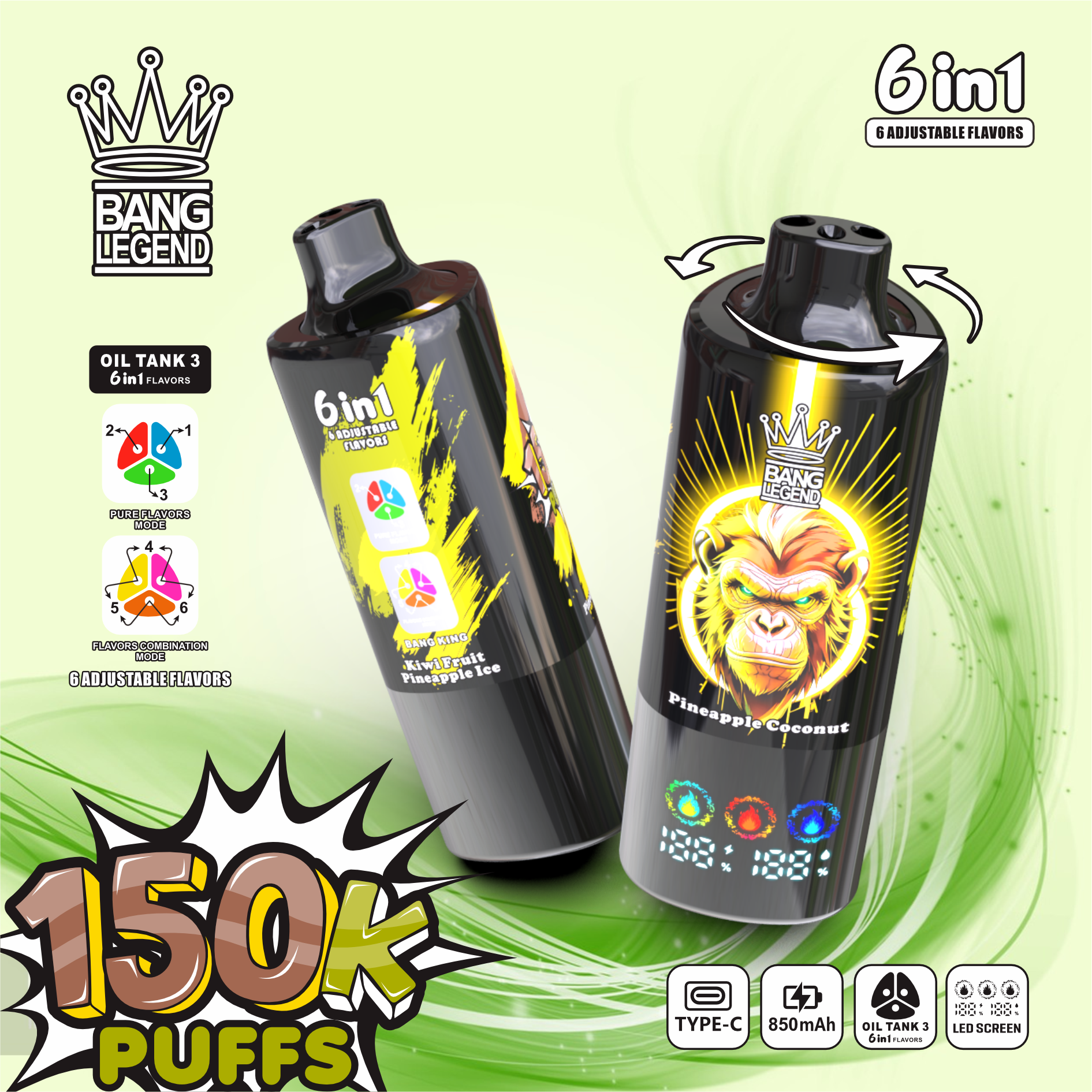 E-papieros Jednorazowy BANG LEGEND 150K (6 w 1) | Ekran LED | Dostawa 48h|Darmowa wysyłka