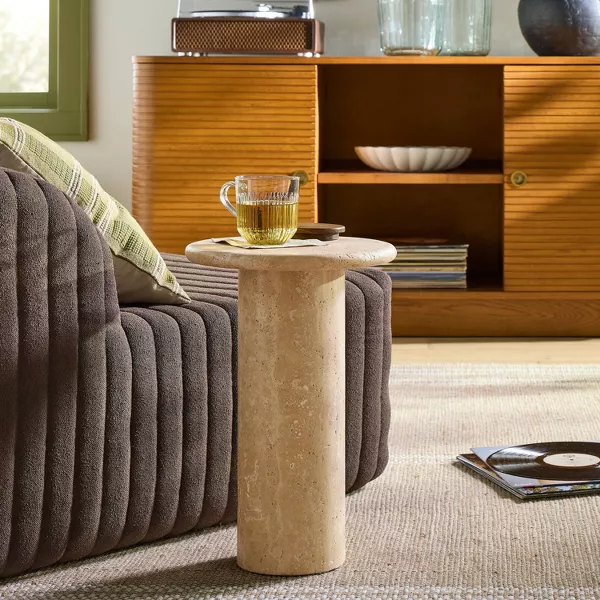 Round Travertine Bedside Accent Table