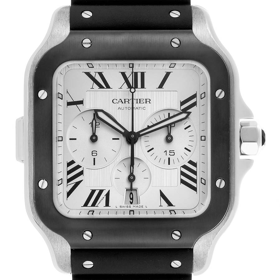 Cartier Santos 100 XL Chronograph Steel Rubber Strap Mens Watch WSSA0017