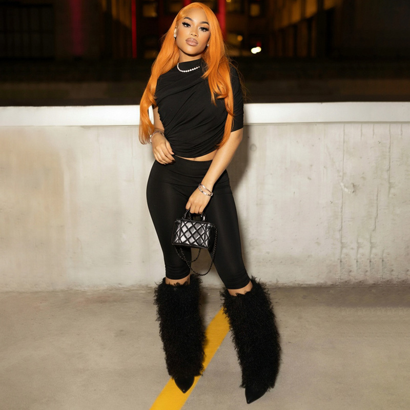 Women Spring Sexy Draped Top and Capri Pants Two-Piece Set