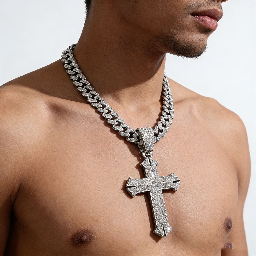 Dual Tone Cross Cuban Necklace, Protection & Divine Faith Energy Talisman