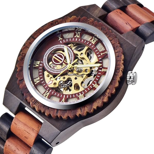 Men's Wooden Watch Triangle Skeleton Automatic Watch Mechanical Wood Watches for Men red&black