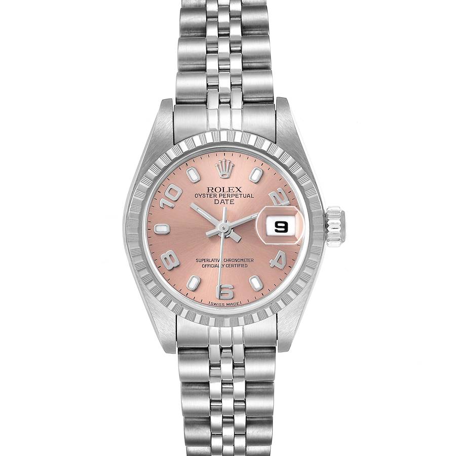Rolex Date Salmon Dial Engine Turned Bezel Steel Ladies Watch 79240