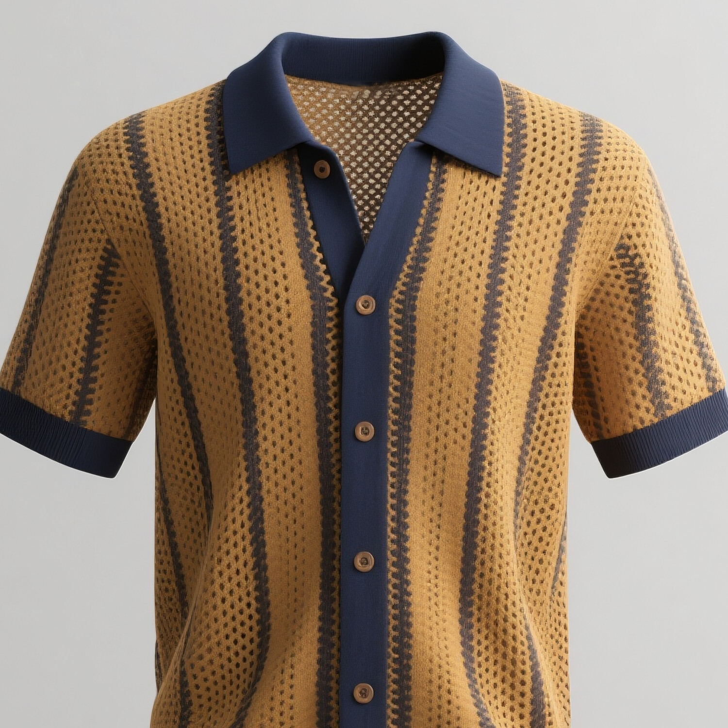 Men's Two Tone Striped Knit Hollow Out Turndown Collar Short Sleeve Shirt