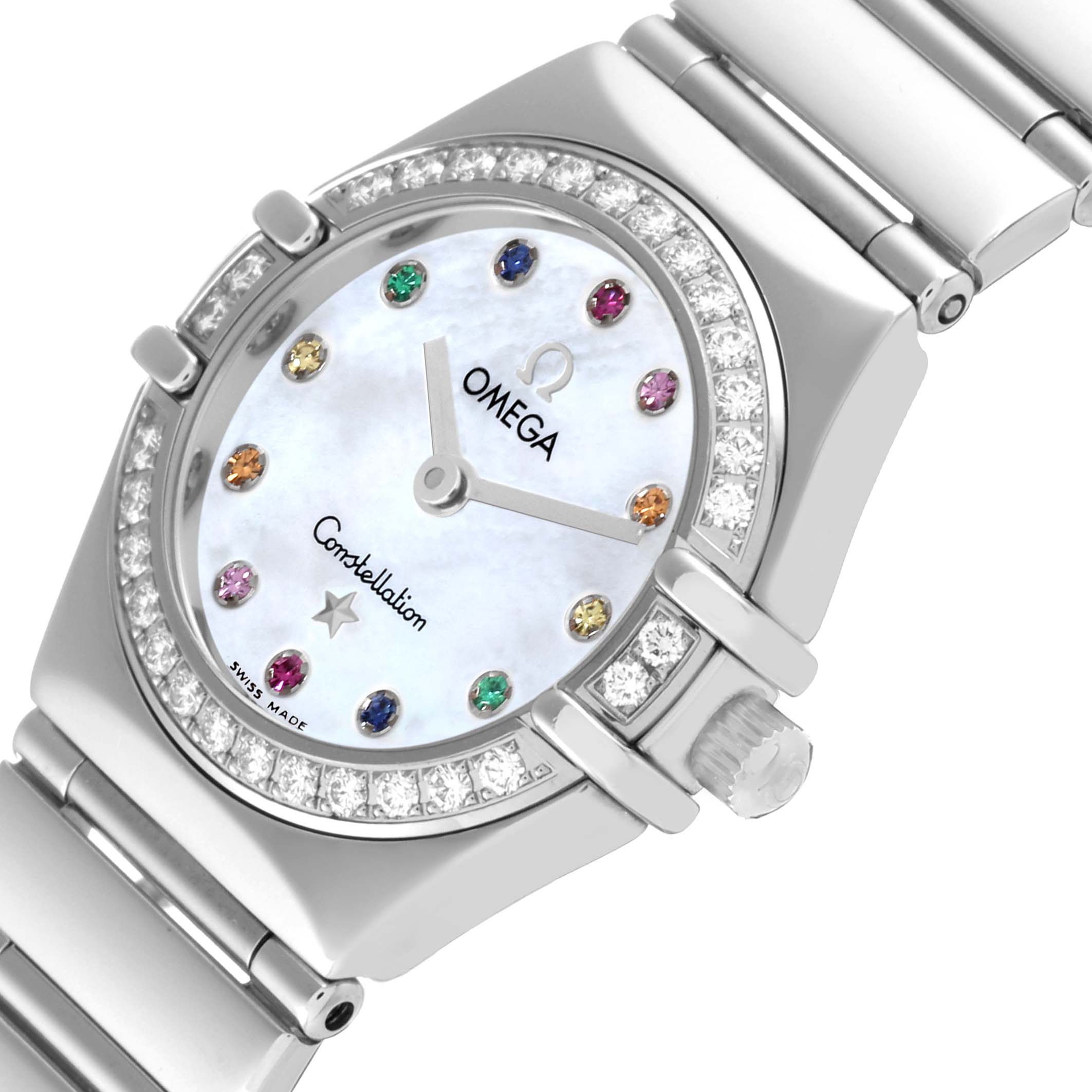 Omega Constellation Iris Steel Multi Stone Mother Of Pearl Dial Ladies Watch 22.5 MM 1465.79.00