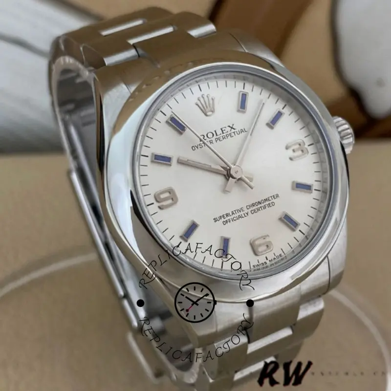 Rolex Oyster Perpetual 177200 Silver Dial Blue Markers 31mm Lady Replica Watch