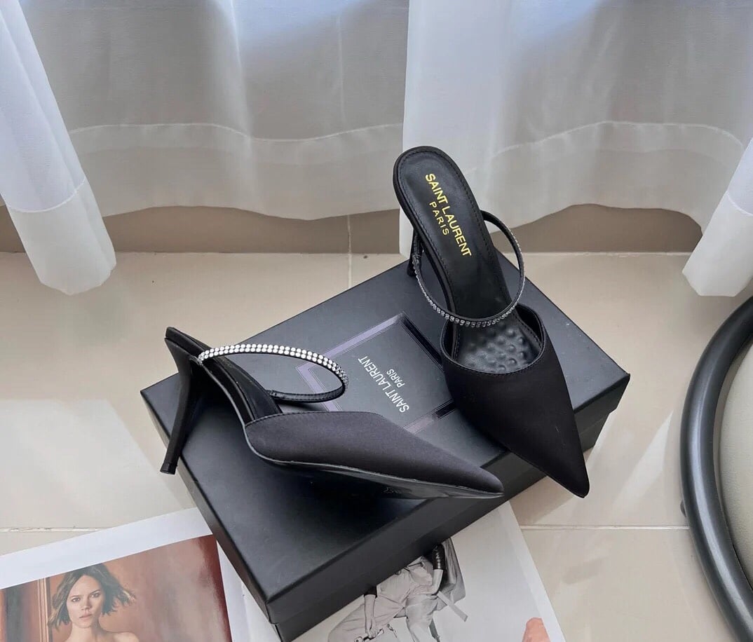 Saint Laurent Barbara Mules Satin And Rhinestones In Black 7997159Qn0A1021