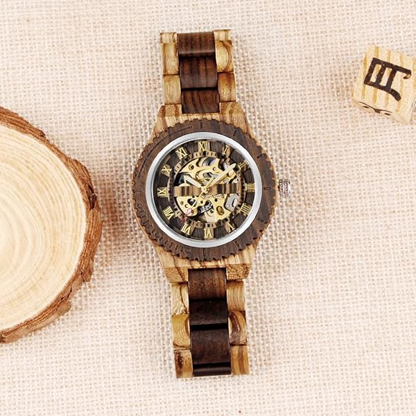 Men's Wooden Watch Triangle Skeleton Automatic Watch Mechanical Wood Watches for Men Brown&red