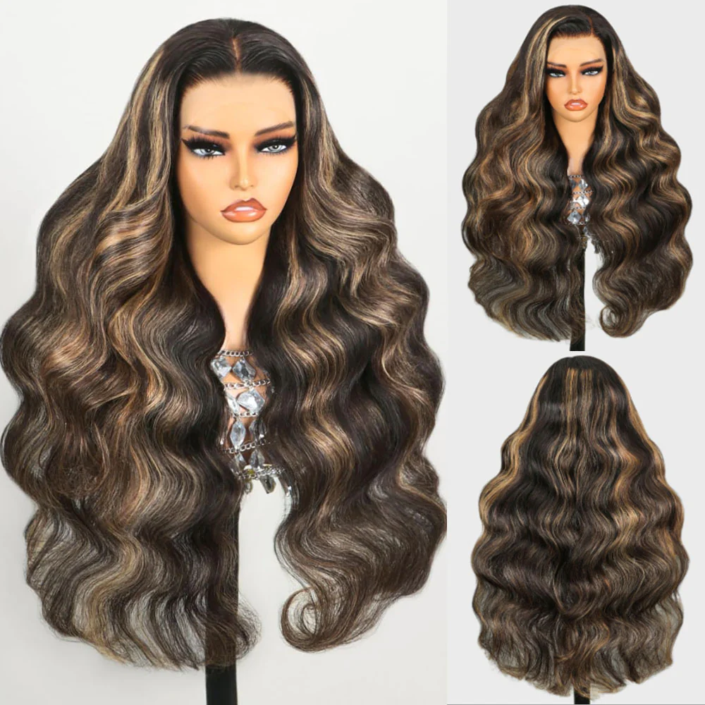 Megalook 13x4 Lace Frontal Balayage Highlight Body Wave Wigs Invisible Knots Natural Hairline