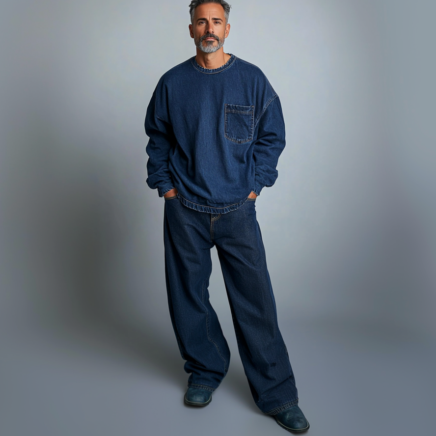 Men's Casual Crew Neck Denim Chest Pocket Sweatshirt