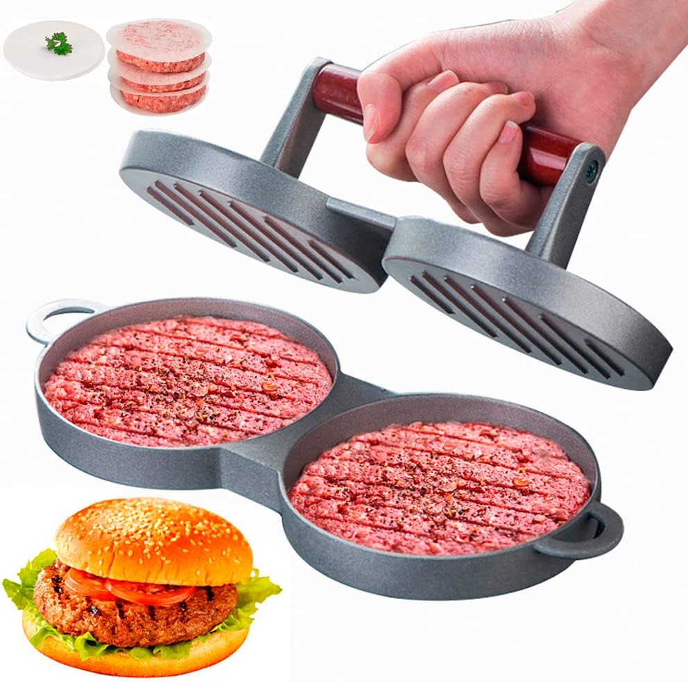 Two at a Time Round Shape Hamburger Press Aluminum Alloy Hamburger Meat Beef Grill Burger Press Food Mold Kichen Tool with 100 Pieces Waxed Papers for Cooking (Two)