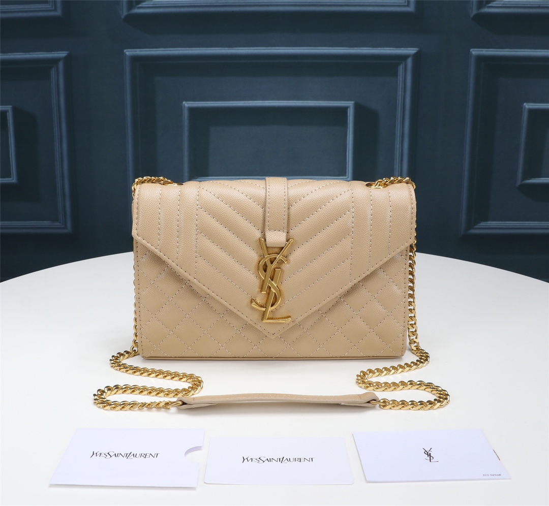 Saint Laurent Envelope Small In Quilted Grain De Poudre Embossed Leather Beige 21Cm 600195BOW912721