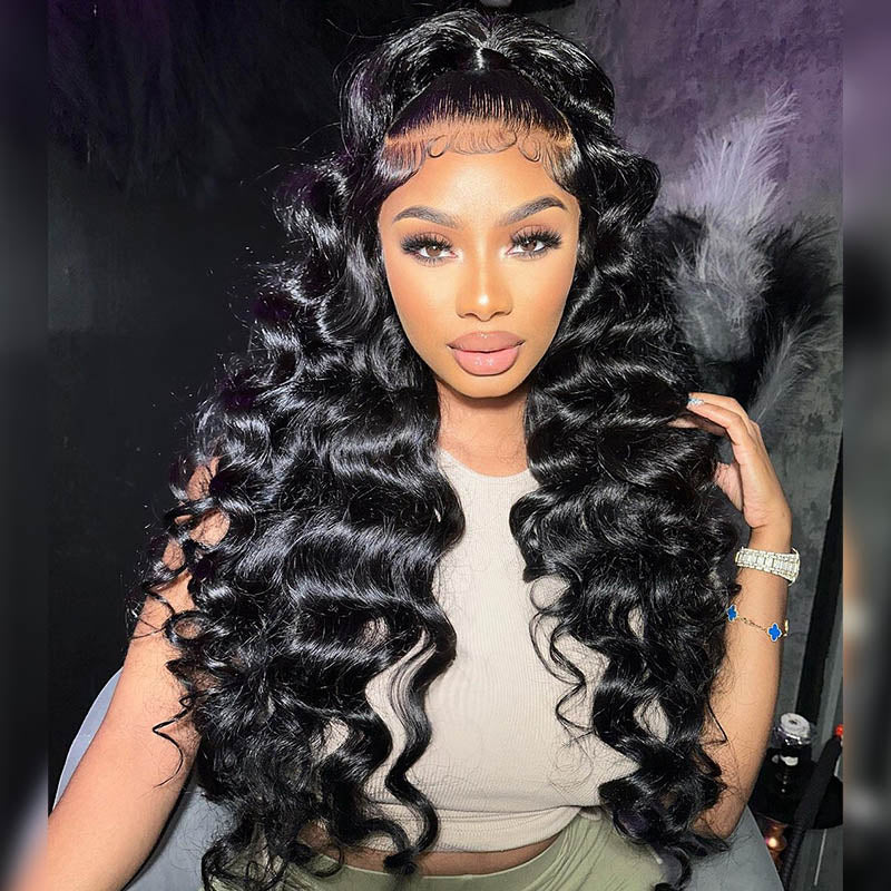 Megalook 6x5 Invisible Knots & 13x4 Lace Frontal Water Wave/Loose Curly Wigs Realistic Hairline Natural Black Beginner Friendly