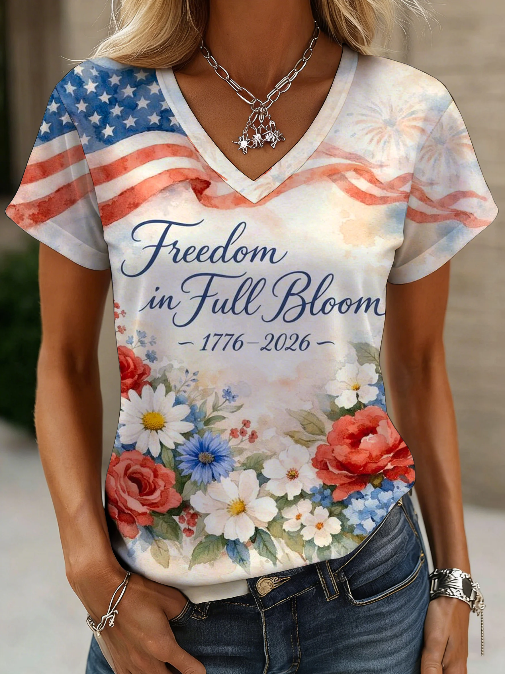 Women's American 250th Anniversary Print Casual V-Neck Top