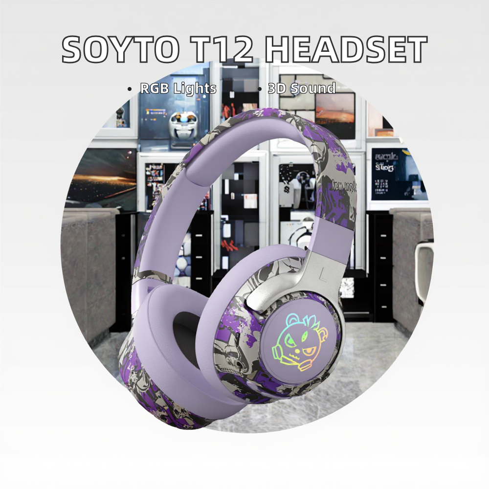 T12 Camo Graffiti Ear Headphones Lightweight for Bluetooth 5.4 Wireless Headset 3D Surround Sound for Gaming Music Teens