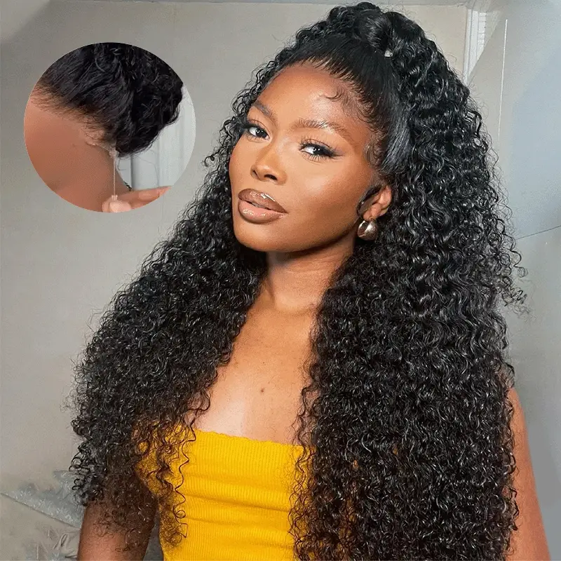 Megalook 360 Full Lace Glueless Jerry Curly Wigs Invisi Drawstring Natural Black Pull & Go