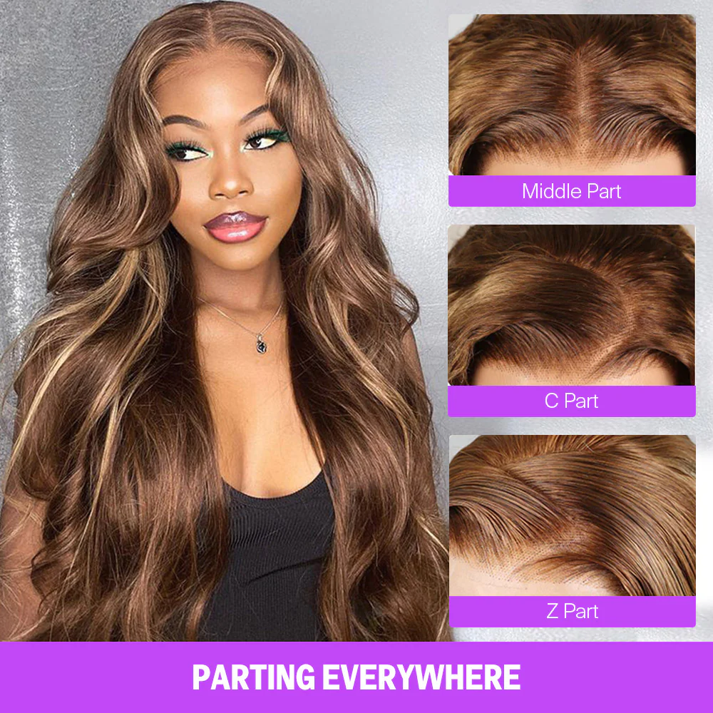 Megalook 26Inch 13x4 Lace Frontal Honey Blonde Highlights On Brown Body Wave Invisible Knots Natural Edges