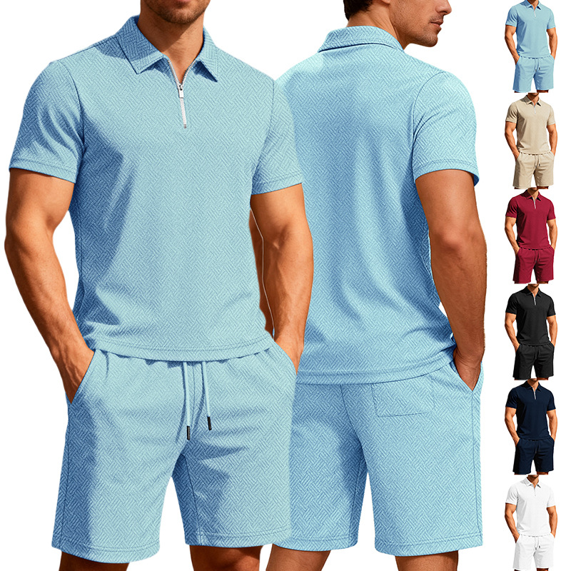 Men's Casual & Athletic Two-Piece Set: Collared Business-Style Zip-Up Suit in Jacquard Terry Fabric
