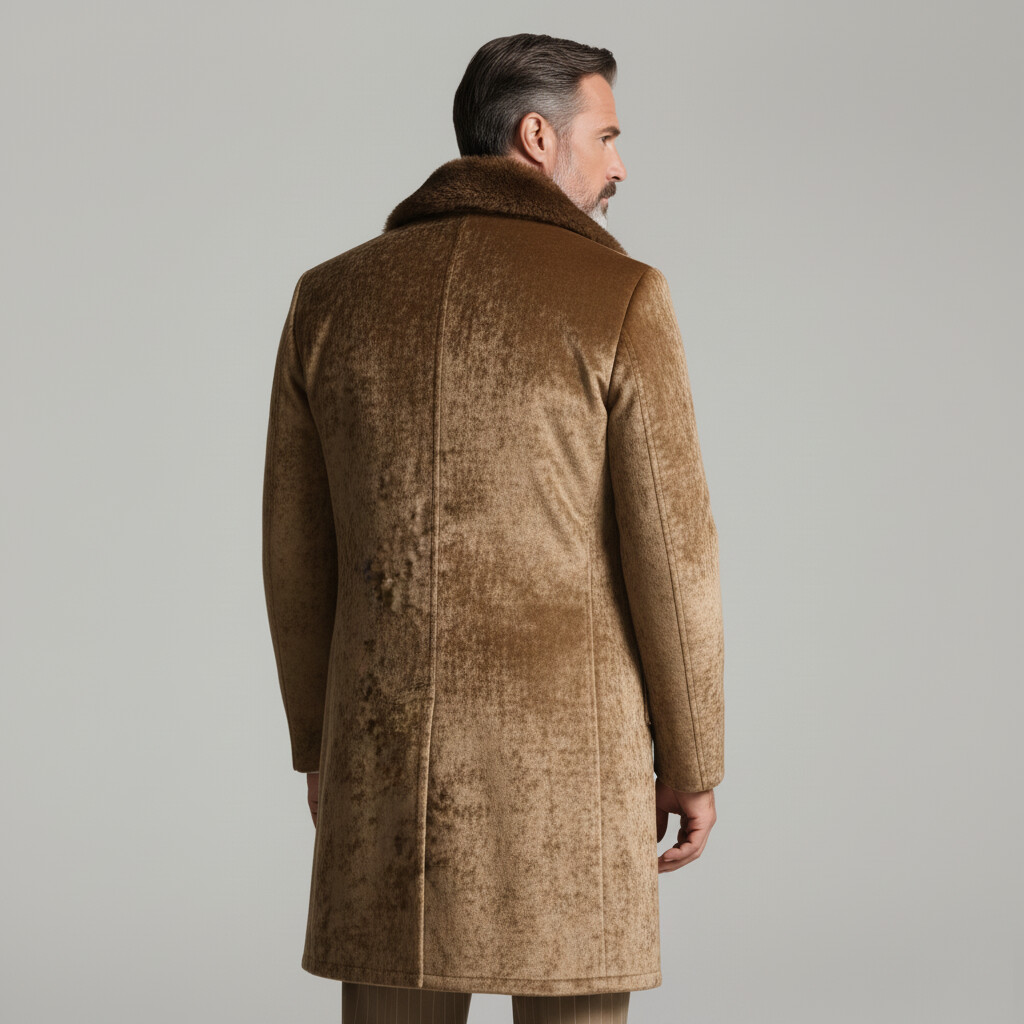 Men's Khaki Furry Collar Long Sleeve Double Breasted Mid-Length Velvet Overcoat