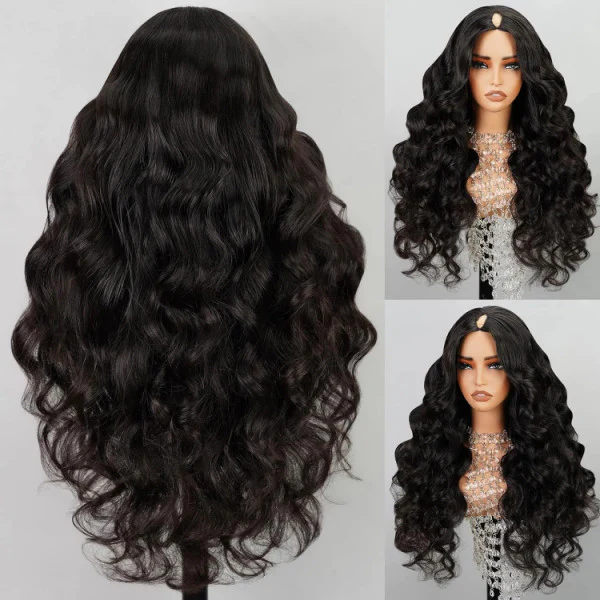 Megalook V Part Glueless Body Wave Wigs Invisi Drawstring Natural Black Seamless Wear