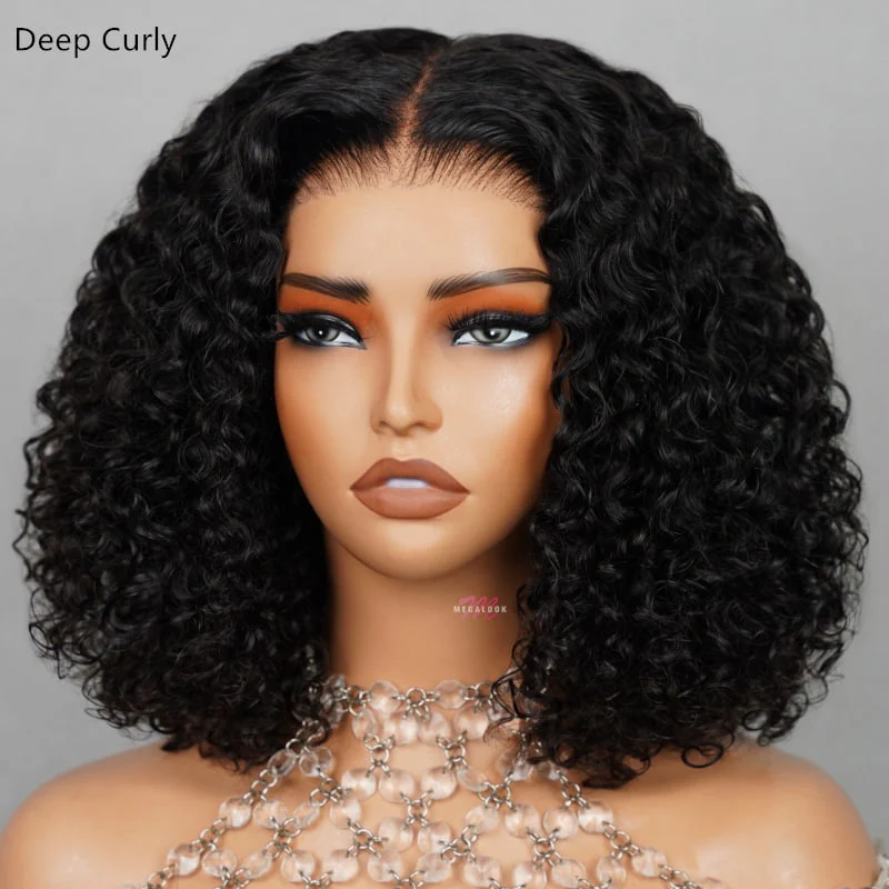 Megalook Bogo Free 6 lnches Deep Part Deep Curly Bob Wigs Natural Black 100% Human Hair Wig