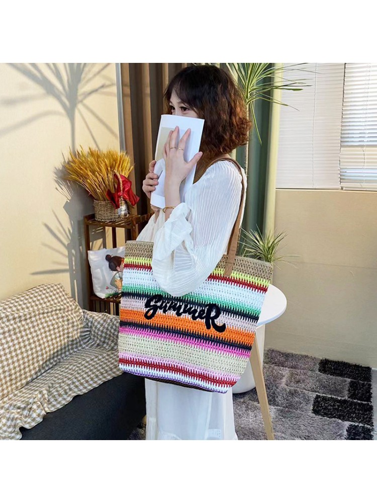 Bohemian Colorblock Straw Tote Bag
