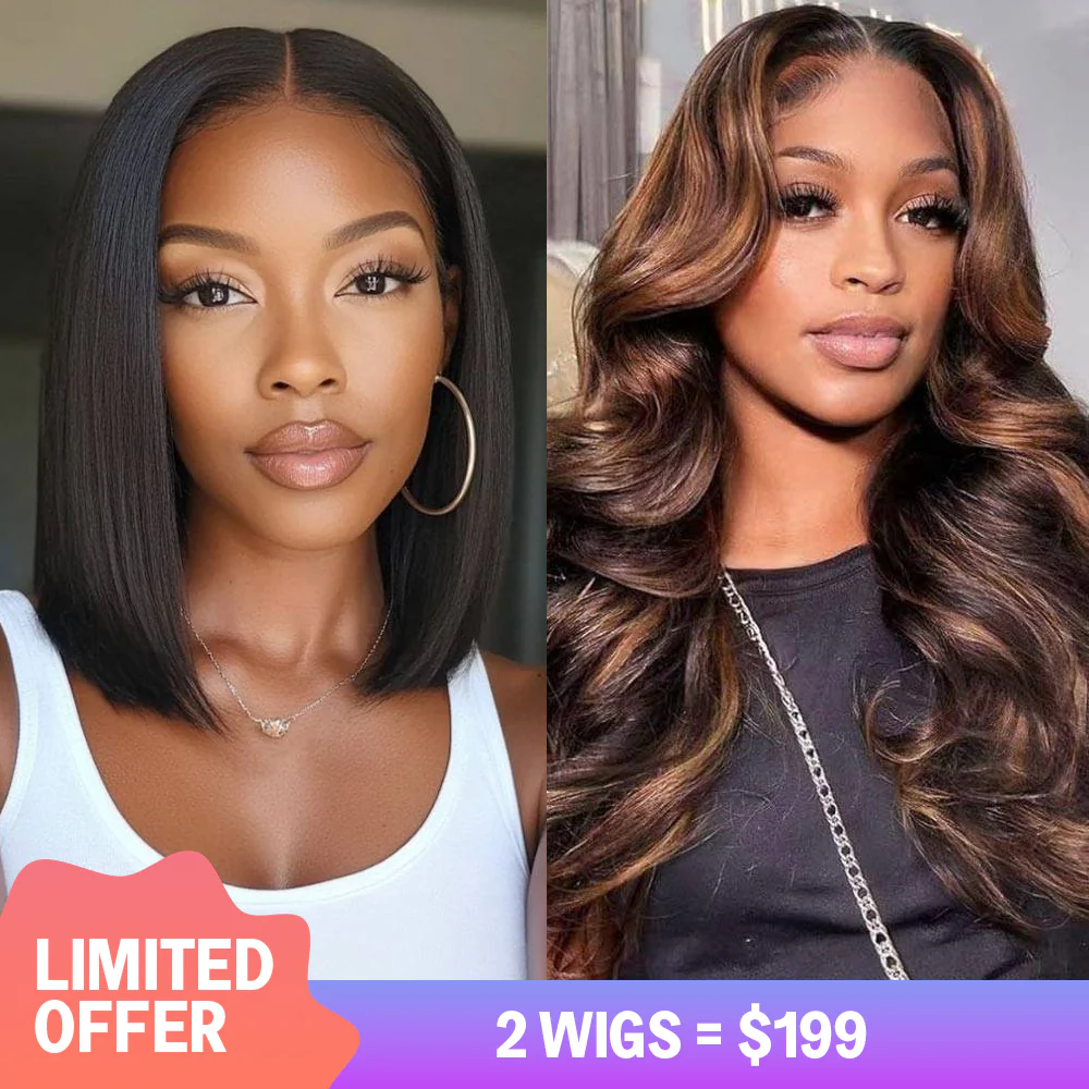 $199=2 Wigs | 20inch 13x4 Lace Frontal P1B/30 Highlight Body Wave 180% Density Plus 10inch 13x4 Lace Front Bob Wig Straight