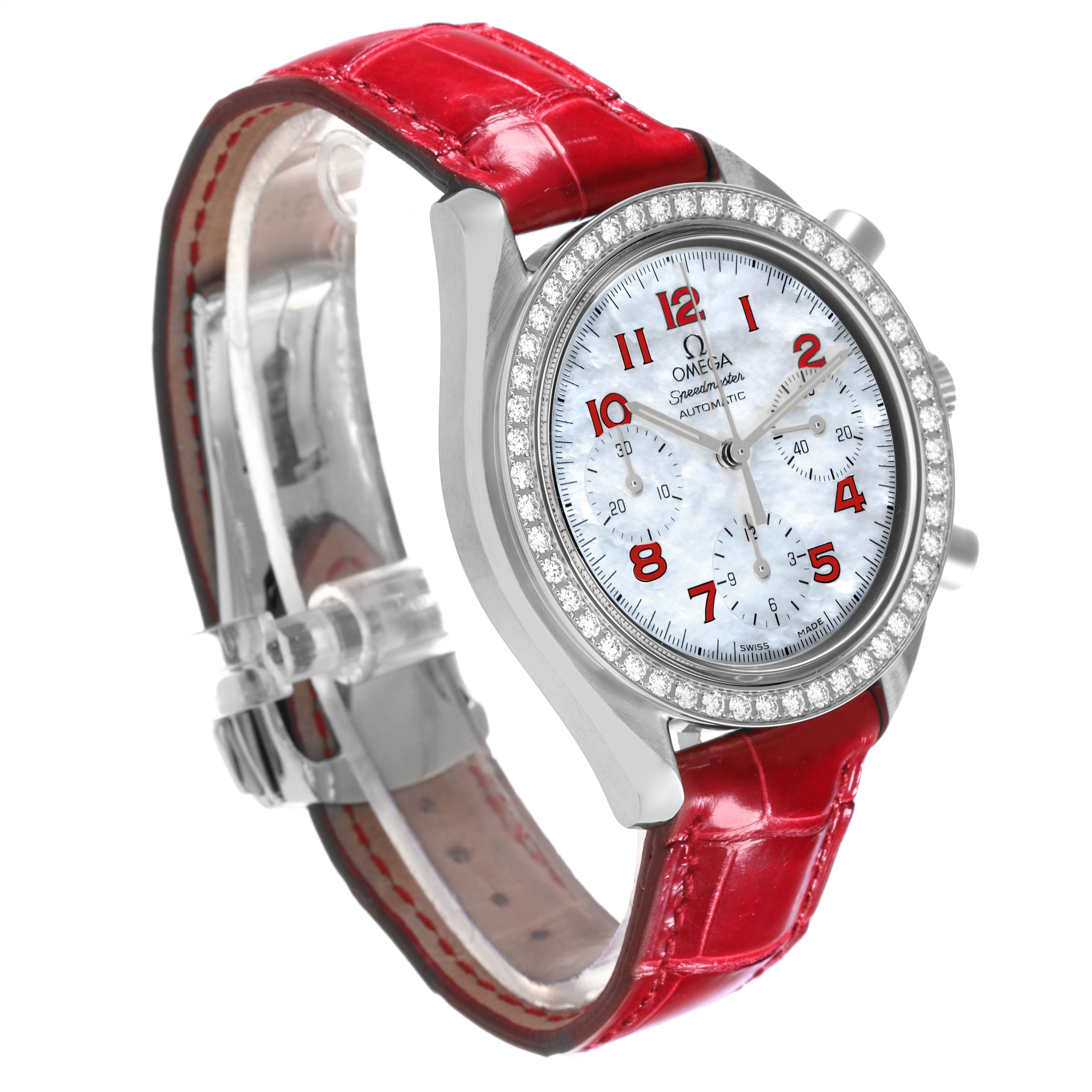 Omega Speedmaster MOP Diamond Red Strap Ladies Watch 39.0 MM 3815.79.40