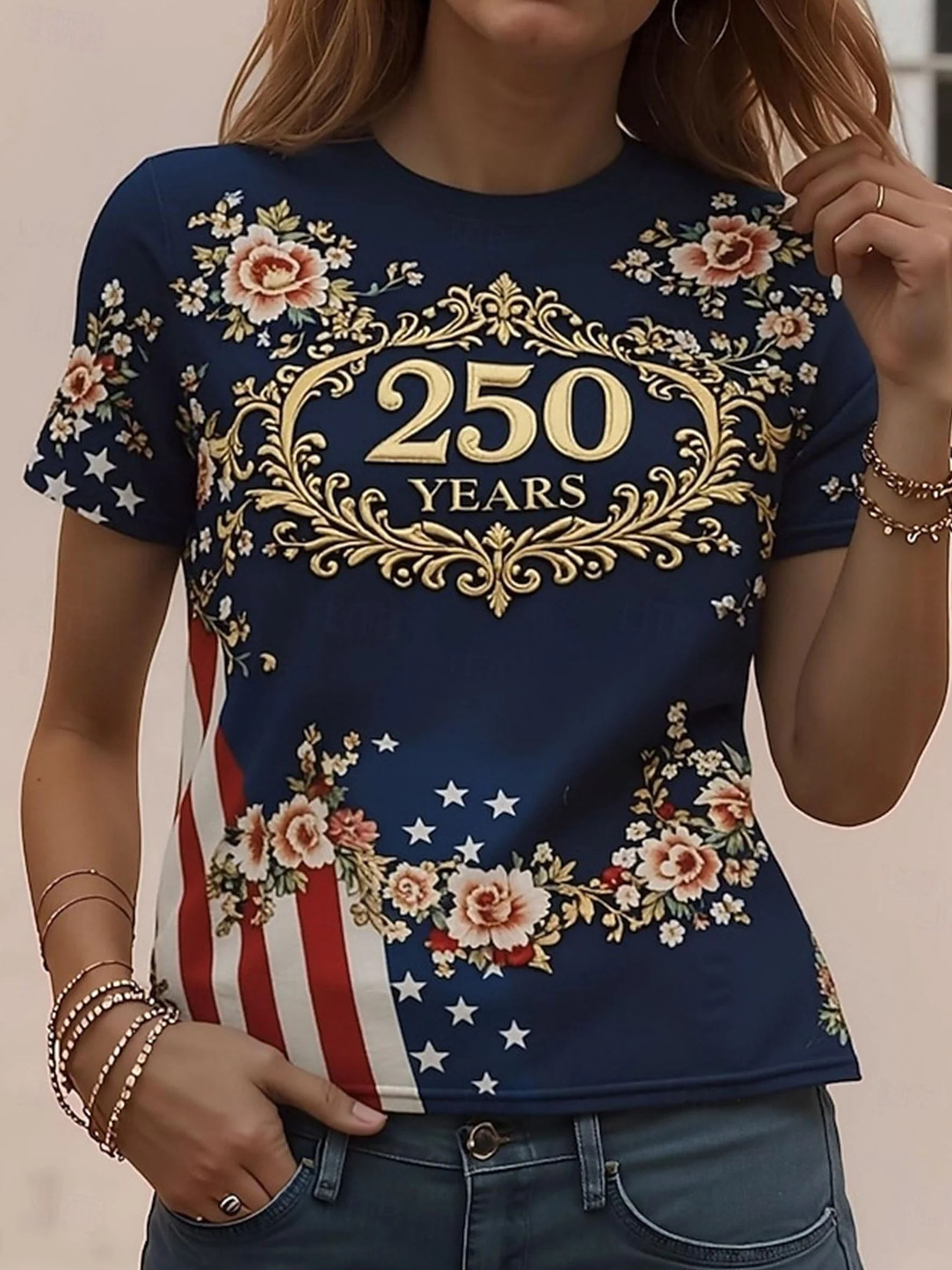 Women's 250th Anniversary Printed Casual Crew Neck Top