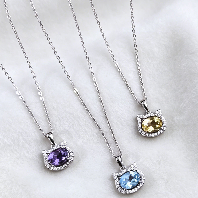 GemVibra Cat Pendant Necklace with Natural Multi-Gemstones (Amethyst, Citrine, Aquamarine, Peridot, Garnet)
