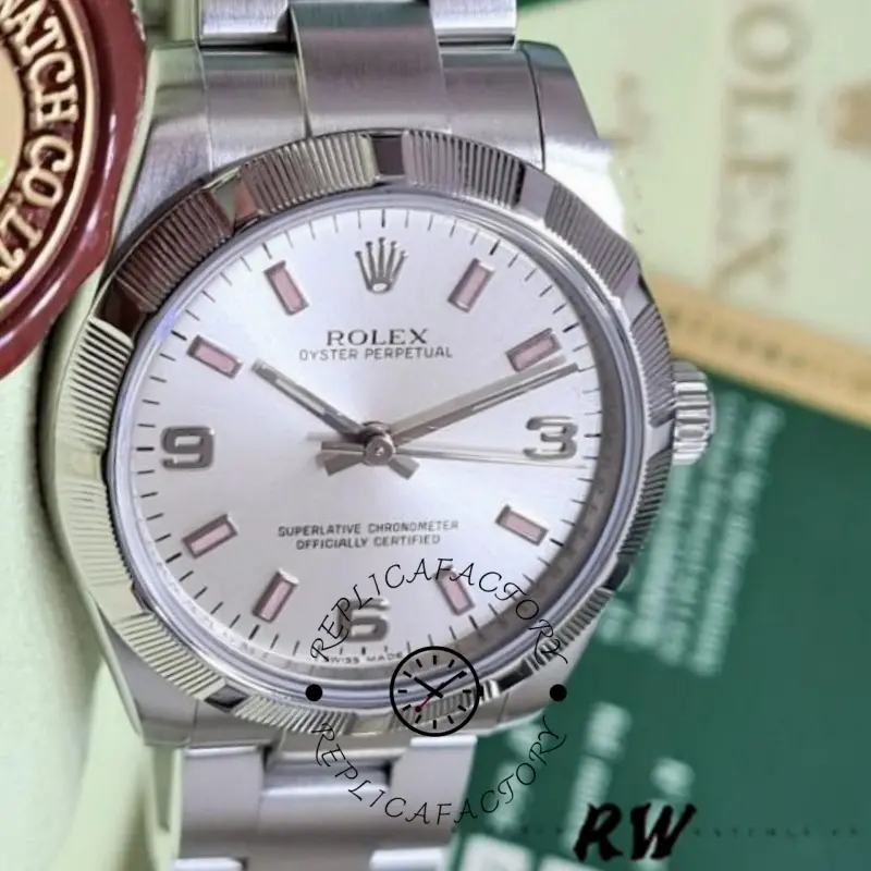 Rolex Oyster Perpetual 177210 Silver Dial Pink Hour Markers 31mm Lady Replica Watch