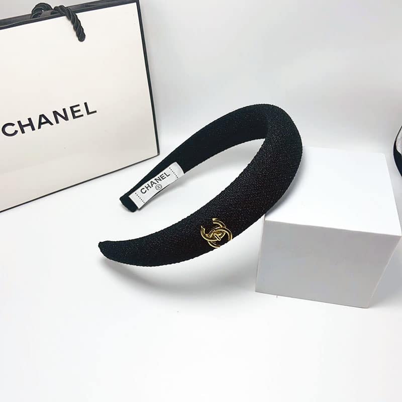 Chanel Cc Tweed Headband With Gold Hardware Black