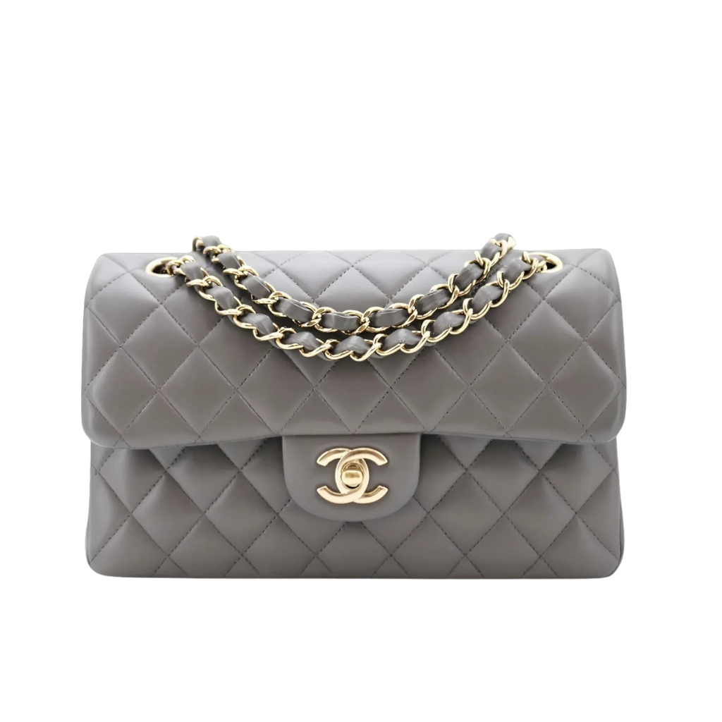 Chanel Classic Double Flap Bag Gold Hardware Gray 25Cm