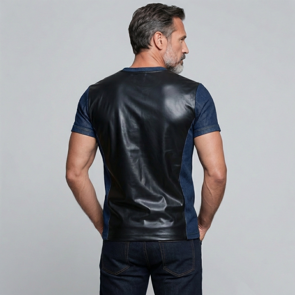 Men's PU Leather Patchwork Denim Color Block Short Sleeve T-Shirt