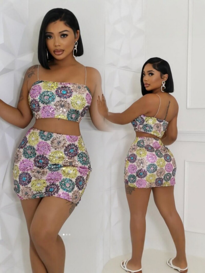 Women Printed Strapless Top and Skirt Sexy Two-Piece Set