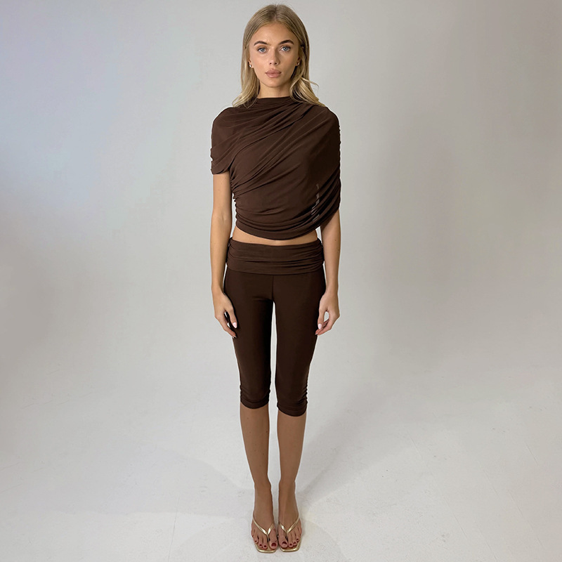 Women Spring Sexy Draped Top and Capri Pants Two-Piece Set