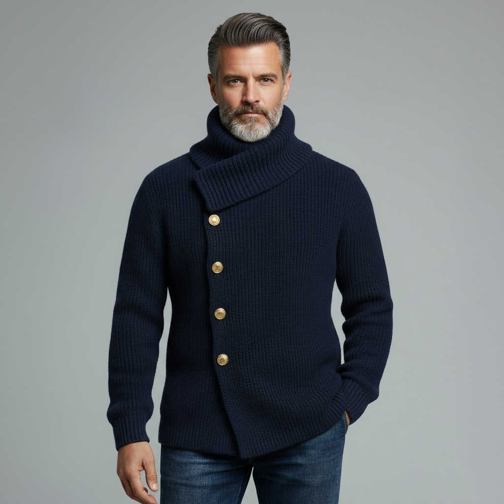 Men's Navy Blue High Neck Long Sleeve Asymmetrical Button Ribbed Knit Sweater Cardigan