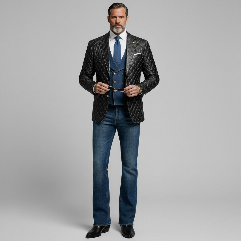 Men's Business Black Notch Lapel Long Sleeve Button Quilted PU Leather Blazer