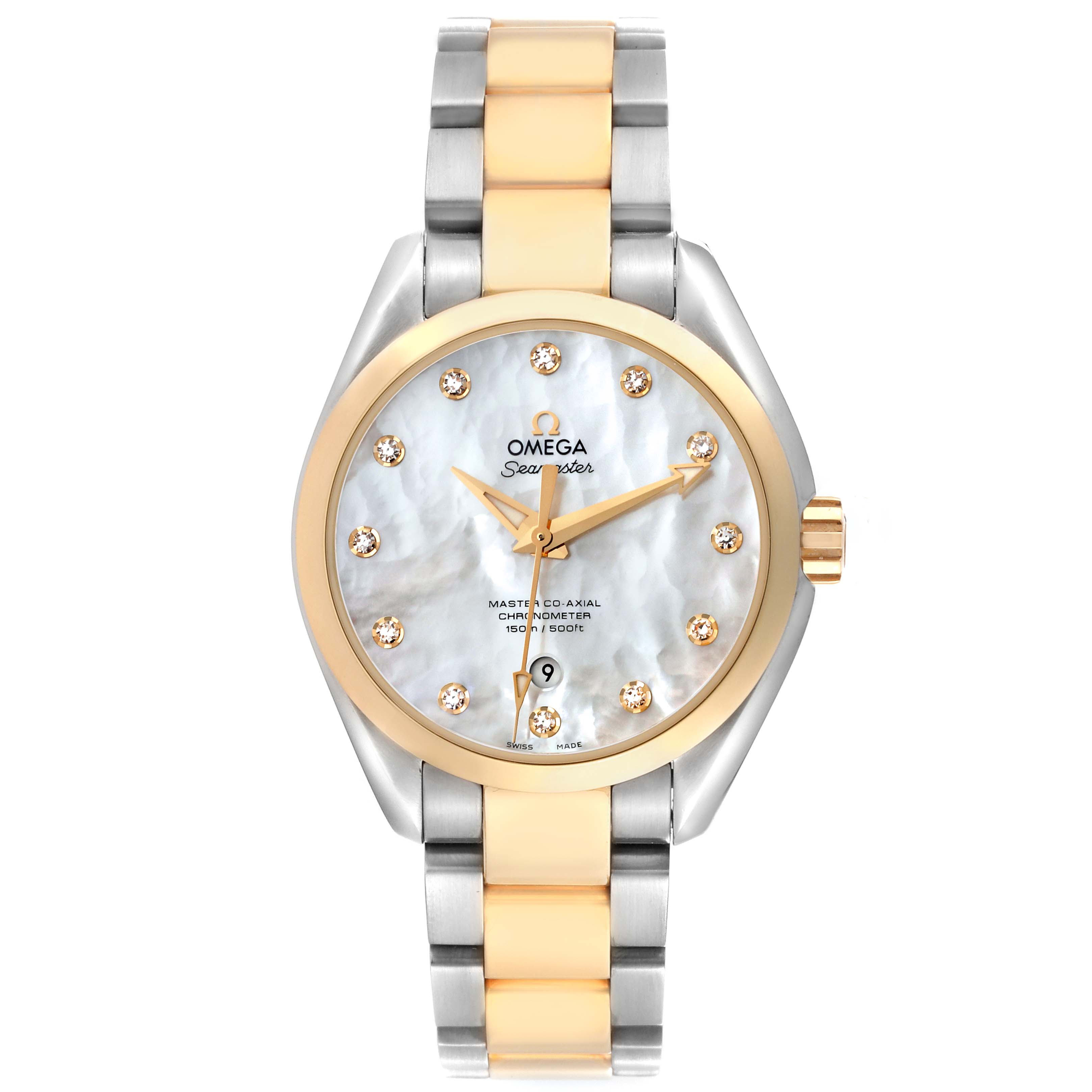 Omega Aqua Terra Steel Yellow Gold Mother of Pearl Diamond Dial Ladies Watch 34.0 MM 231.20.34.20.55.002