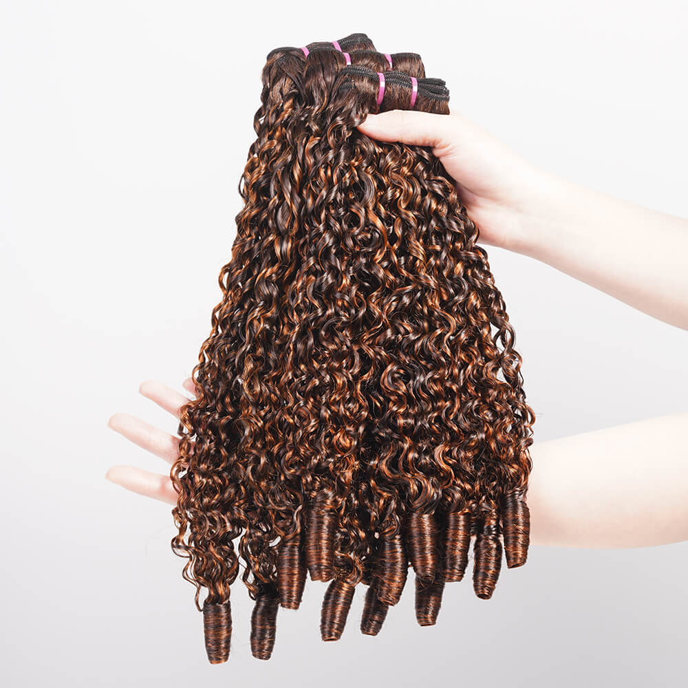 Megalook 12A Dark Brown With Highlights Burmese Curly 3 Bundles With Finger Coil Ends Brazilian Human Hair Extension