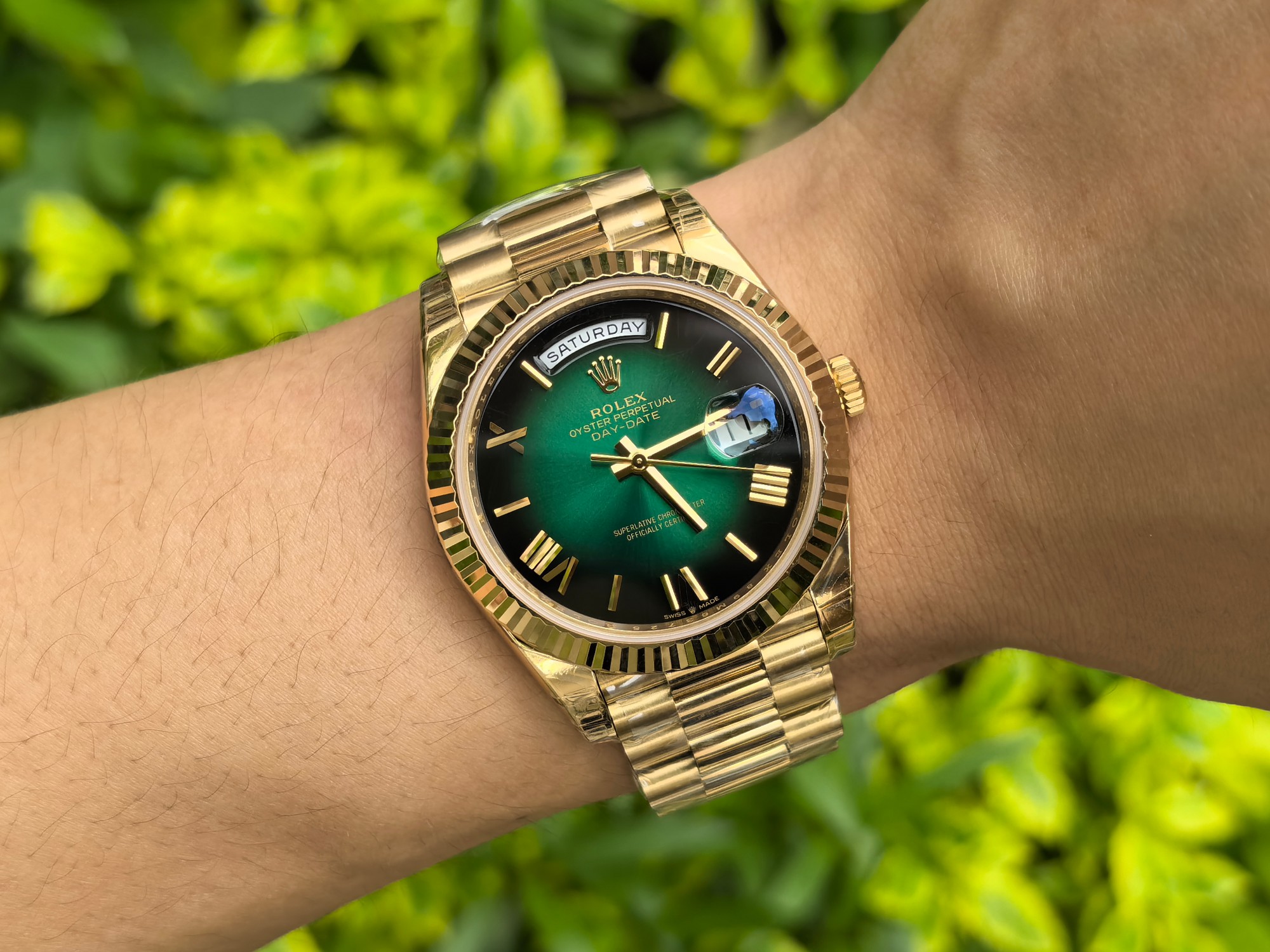 CC Rolex Day Date 40 Yellow Gold Green Ombre Dial M228238 0069 Replica