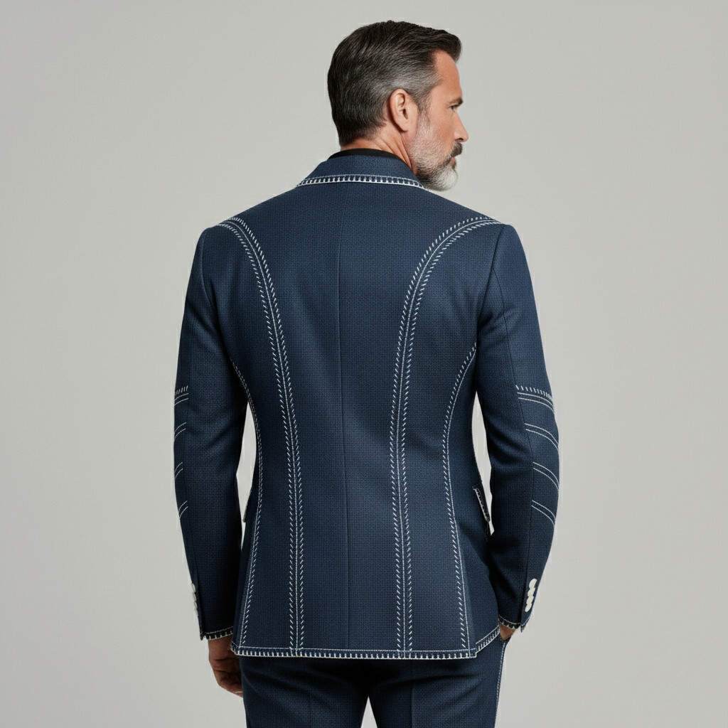 Men's Fashion Denim Contrast Stitching Print Peak Lapel Long Sleeve Blazer